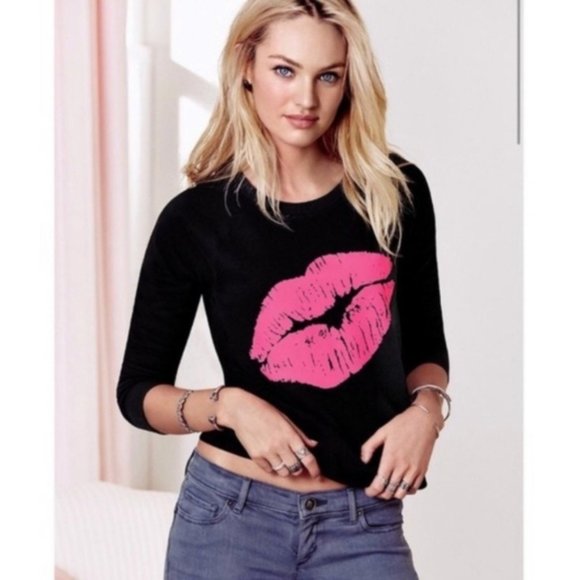 Victoria's Secret Tops - 2/$13 Victoria's Secret Black Sweatshirt Pink Lip